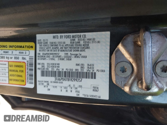 2015 Ford Fusion SE with VIN 3FA6P0H78FR299257, listed as a IAAI auction lot 42104541 with 122,986 mi miles. Bid and sale history available at carsss.com. Image 9.