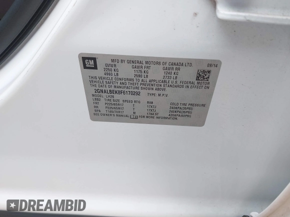 2015 Chevrolet Equinox LT z VIN 2GNALBEK8F6170292, wystawiony jako IAAI lot #42320531 z przebiegiem 76 390 mil mil oraz . Historia ofert i sprzedaży dostępna na DreamBid. Obrazek 9.