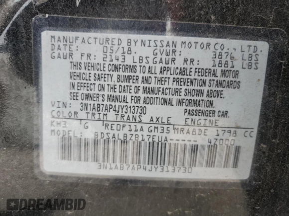 2018 Nissan Sentra S with VIN 3N1AB7AP4JY313730, listed as a Copart auction lot 44554575 with 186,111 mi miles and Salvage Title. Bid and sale history available at carsss.com. Image 13.
