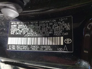 2012 Toyota Prius One with VIN JTDKN3DU8C0333155, listed as a IAAI auction lot 42062427 with 190,320 mi miles. Bid and sale history available at carsss.com. Image 9.