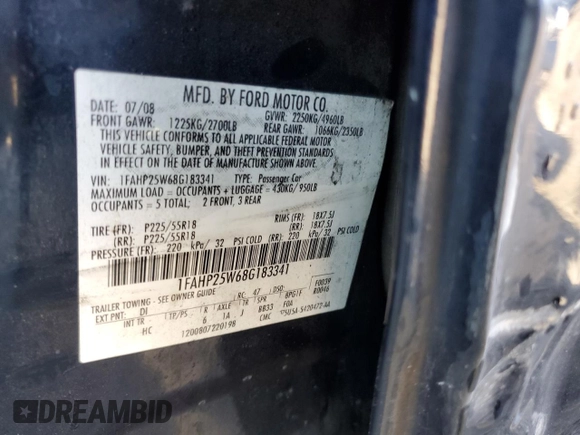 2008 Ford Taurus Limited with VIN 1FAHP25W68G183341, listed as a Copart auction lot 85331884 with 143,424 mi miles and Salvage Title. Bid and sale history available at carsss.com. Image 14.