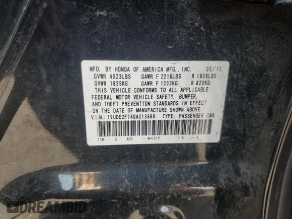 2016 Acura ILX Premium with VIN 19UDE2F74GA013889, listed as a Copart auction lot 59130225 with 185,235 mi miles and Salvage title. Bid and sale history available at DreamBid. Image 12.