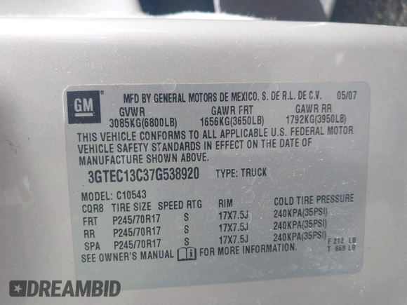 2007 GMC Sierra 1500 SLE1 z VIN 3GTEC13C37G538920, wystawiony jako IAAI lot #42188019 z przebiegiem 262 302 mil mil oraz . Historia ofert i sprzedaży dostępna na DreamBid. Obrazek 9.