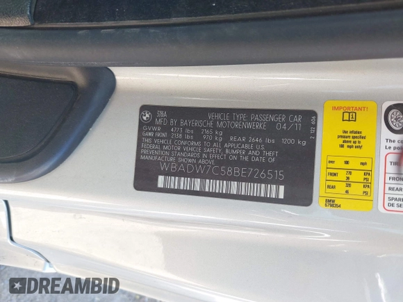 2011 BMW 3 Series 328i with VIN WBADW7C58BE726515, listed as a IAAI auction lot 42077827 with 104,316 mi miles and . Bid and sale history available at DreamBid. Image 9.