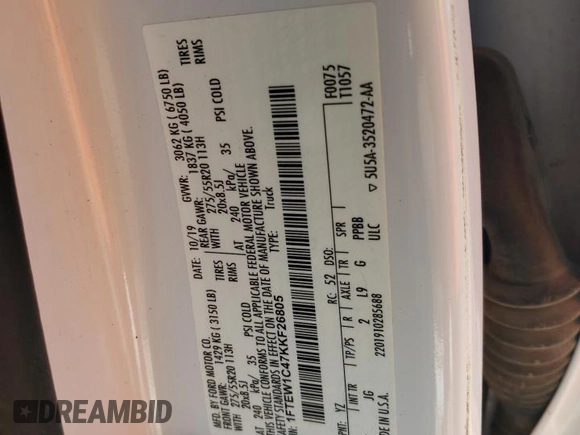 2019 Ford F-150 XL with VIN 1FTEW1C47KKF26805, listed as a Copart auction lot 86968404 with 67,962 mi miles and Salvage Title. Bid and sale history available at DreamBid. Image 12.
