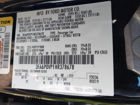 2017 Ford Fusion Sport with VIN 3FA6P0VP1HR378678, listed as a IAAI auction lot 41845700 with 61,105 mi miles. Bid and sale history available at carsss.com. Image 9.