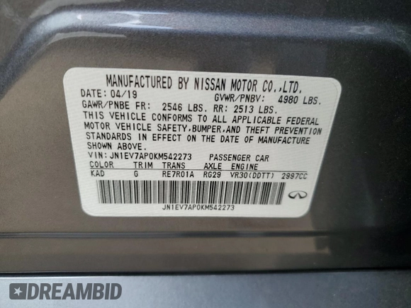 2019 Infiniti Q50 Luxe z VIN JN1EV7AP0KM542273, wystawiony jako Copart lot #50639035 z przebiegiem 44 001 mil mil oraz Szkoda całkowita • Salvage title. Historia ofert i sprzedaży dostępna na DreamBid. Obrazek 12.