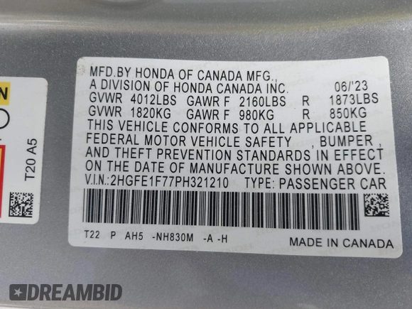 2023 Honda Civic EX with VIN 2HGFE1F77PH321210, listed as a IAAI auction lot 42379950 with Not provided miles and . Bid and sale history available at DreamBid. Image 9.
