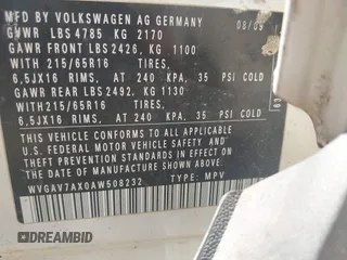 2010 Volkswagen Tiguan S with VIN WVGAV7AX0AW508232, listed as a IAAI auction lot 42001407 with Not provided miles and . Bid and sale history available at DreamBid. Image 9.