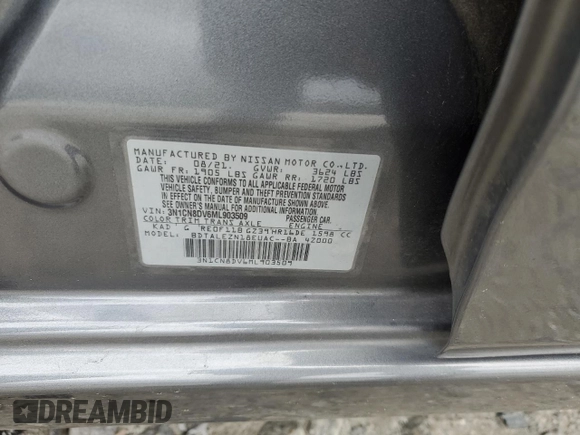 2021 Nissan Versa S with VIN 3N1CN8DV6ML903509, listed as a Copart auction lot 48020195 with 60,491 mi miles and Salvage title. Bid and sale history available at DreamBid. Image 12.