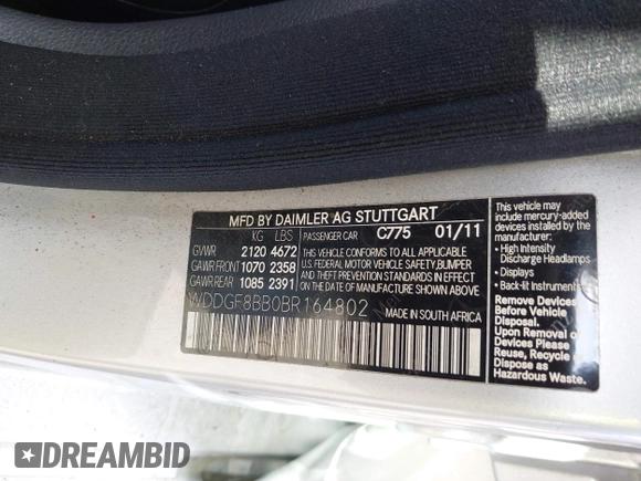 2011 Mercedes-Benz C 300 Sport with VIN WDDGF8BB0BR164802, listed as a IAAI auction lot 42137838 with 141,974 mi miles and . Bid and sale history available at carsss.com. Image 9.