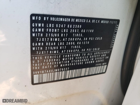 2018 Volkswagen Tiguan S with VIN 3VV1B7AXXJM079227, listed as a Copart auction lot 83267984 with 71,119 mi miles and Salvage Title. Bid and sale history available at carsss.com. Image 15.
