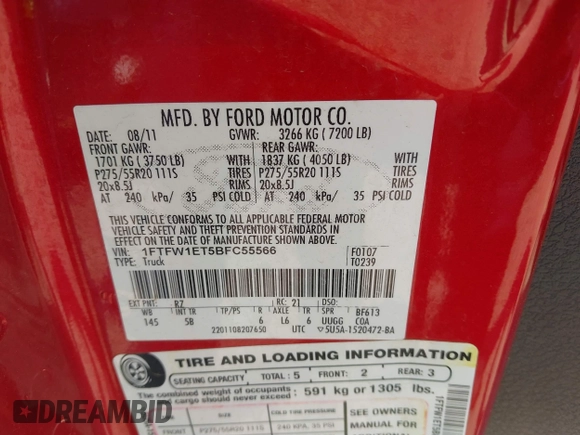 2011 Ford F-150 XLT with VIN 1FTFW1ET5BFC55566, listed as a IAAI auction lot 41896825 with 287,297 mi miles. Bid and sale history available at carsss.com. Image 9.