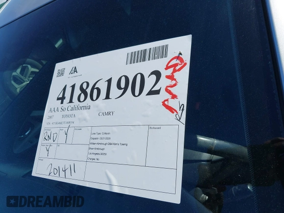 2007 Toyota Camry CE with VIN 4T1BE46K37U008554, listed as a IAAI auction lot 41861902 with 201,411 mi miles and . Bid and sale history available at DreamBid. Image 12.