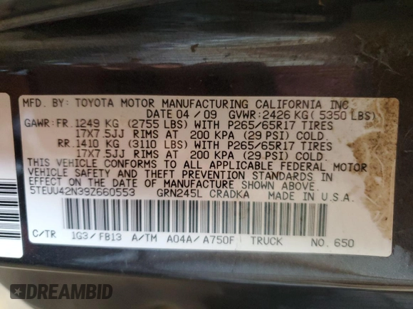 2009 Toyota Tacoma with VIN 5TEUU42N39Z660553, listed as a Copart auction lot 46369755 with 116,125 mi miles and Salvage Title. Bid and sale history available at carsss.com. Image 12.
