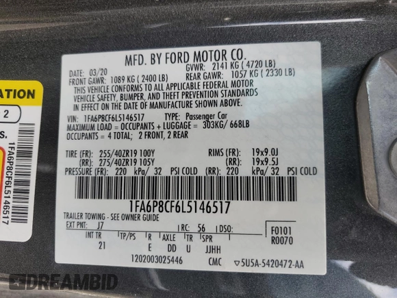 2020 Ford Mustang GT with VIN 1FA6P8CF6L5146517, listed as a Copart auction lot 47397315 with 50,995 mi miles and Clean Title. Bid and sale history available at carsss.com. Image 12.