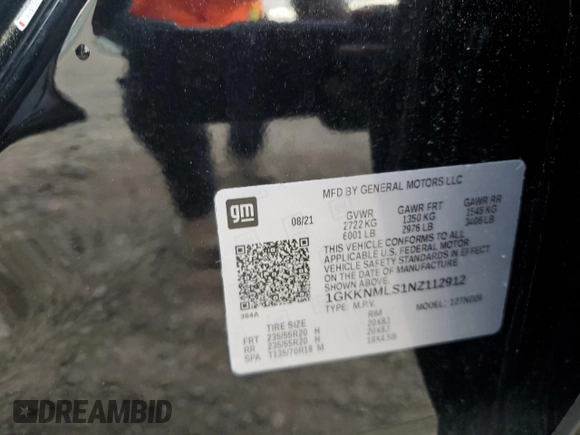2022 GMC Acadia SLT with VIN 1GKKNMLS1NZ112912, listed as a Copart auction lot 54894185 with 62,706 mi miles and Salvage title. Bid and sale history available at DreamBid. Image 13.