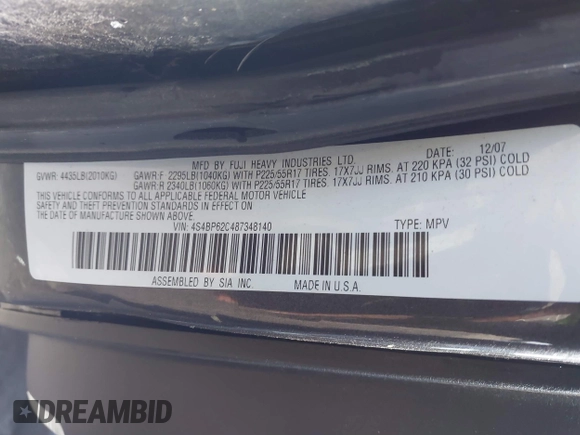 2008 Subaru Outback Limited z VIN 4S4BP62C487348140, wystawiony jako IAAI lot #41800936 z przebiegiem 155 171 mil mil oraz . Historia ofert i sprzedaży dostępna na DreamBid. Obrazek 9.