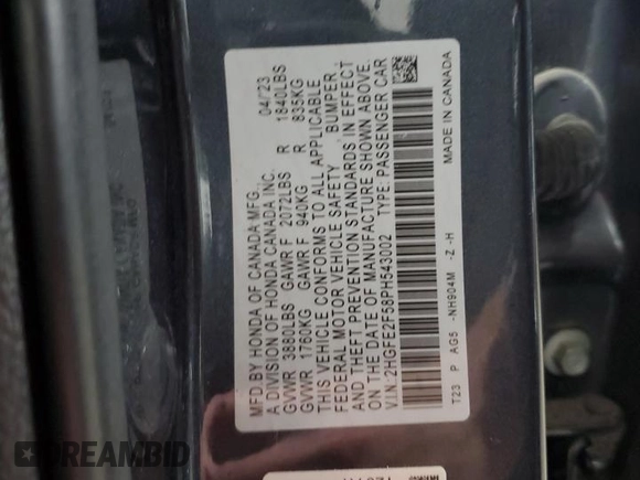 2023 Honda Civic Sport z VIN 2HGFE2F58PH543002, wystawiony jako Copart lot #53985065 z przebiegiem 11 015 mil mil oraz Szkoda całkowita • Salvage title. Historia ofert i sprzedaży dostępna na DreamBid. Obrazek 13.