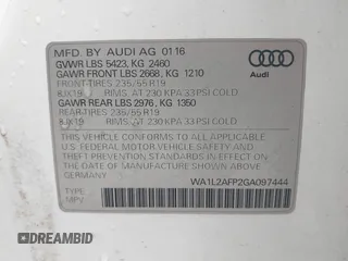2016 Audi Q5 Premium Plus with VIN WA1L2AFP2GA097444, listed as a IAAI auction lot 42351572 with 82,539 mi miles and . Bid and sale history available at DreamBid. Image 9.