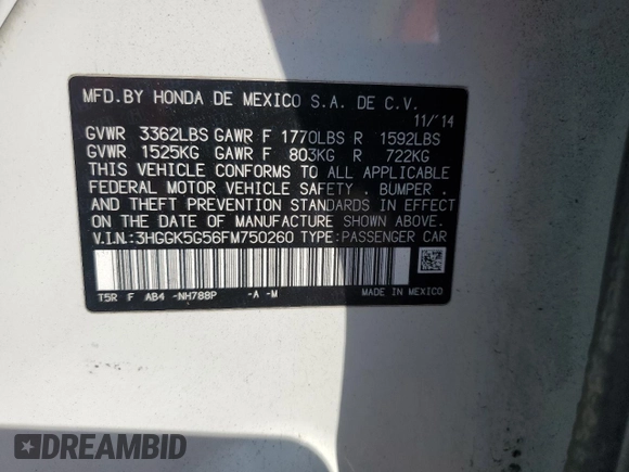 2015 Honda Fit LX with VIN 3HGGK5G56FM750260, listed as a Copart auction lot 48250015 with 116,832 mi miles and Salvage Title. Bid and sale history available at carsss.com. Image 12.