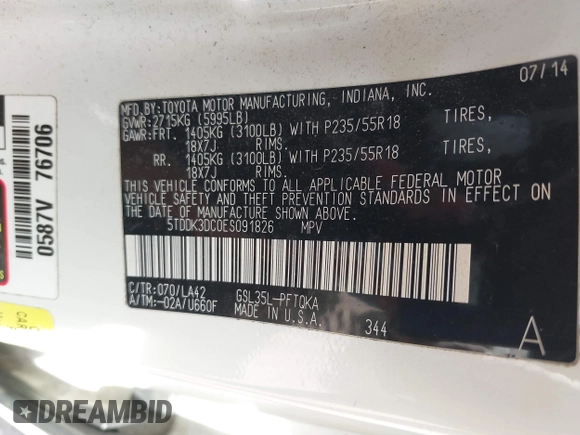 2014 Toyota Sienna Limited with VIN 5TDDK3DC0ES091826, listed as a IAAI auction lot 42112113 with 200,255 mi miles and . Bid and sale history available at DreamBid. Image 9.