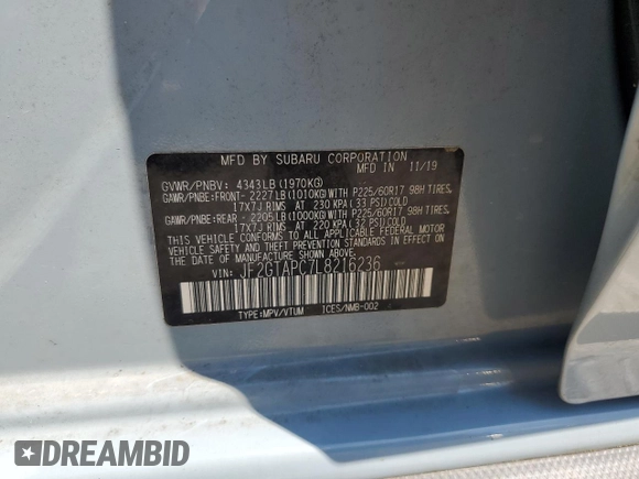 2020 Subaru Crosstrek Premium with VIN JF2GTAPC7L8216236, listed as a Copart auction lot 61494615 with 47,042 mi miles and Salvage title. Bid and sale history available at DreamBid. Image 14.