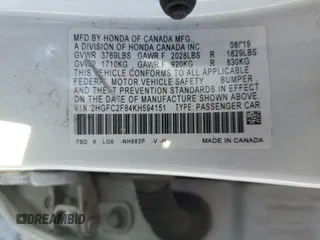 2019 Honda Civic Sport with VIN 2HGFC2F84KH594151, listed as a Copart auction lot 49927085 with 54,688 mi miles and Salvage Title. Bid and sale history available at DreamBid. Image 15.