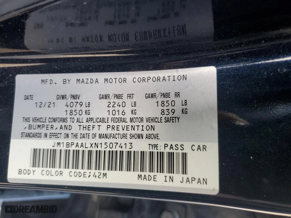 2022 Mazda Mazda3 Sedan 2.5 S with VIN JM1BPAALXN1507413, listed as a Copart auction lot 42214105 with NaN miles and Salvage Title. Bid and sale history available at carsss.com. Image 12.