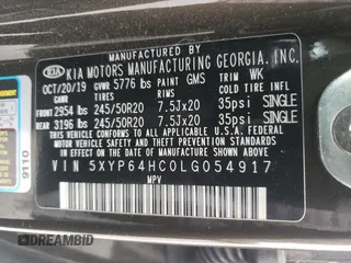 2020 Kia Telluride S z VIN 5XYP64HC0LG054917, wystawiony jako Copart lot #55049535 z przebiegiem 84 575 mil mil oraz Szkoda całkowita • Salvage title. Historia ofert i sprzedaży dostępna na DreamBid. Obrazek 13.