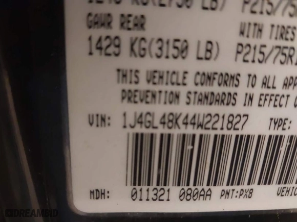 2004 Jeep Liberty Sport with VIN 1J4GL48K44W221827, listed as a IAAI auction lot 41691349 with 157,642 mi miles. Bid and sale history available at carsss.com. Image 9.