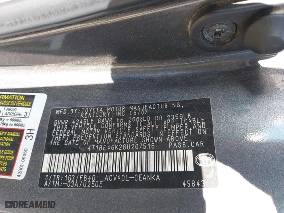 2008 Toyota Camry LE with VIN 4T1BE46K28U207516, listed as a IAAI auction lot 41500314 with 211,000 mi miles. Bid and sale history available at carsss.com. Image 9.