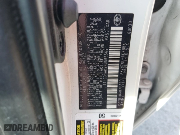 2022 Toyota Camry Hybrid LE with VIN 4T1C31AK3NU595562, listed as a Copart auction lot 48177795 with 109,128 mi miles and Salvage Title. Bid and sale history available at carsss.com. Image 12.