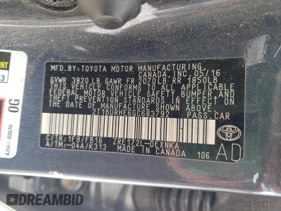 2016 Toyota Corolla L with VIN 2T1BURHE6GC683792, listed as a Copart auction lot 57605335 with 224,540 mi miles and Salvage title. Bid and sale history available at DreamBid. Image 12.