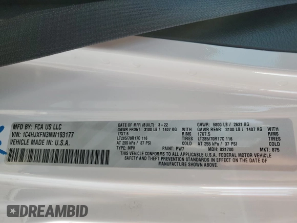 2022 Jeep Wrangler Unlimited Rubicon с VIN 1C4HJXFN3NW193177, выставлен на аукционе Copart как лот 82002224 с пробегом 34 762 миль миль и Списание • Salvage title. История ставок и продаж доступна на DreamBid. Изображение 16.