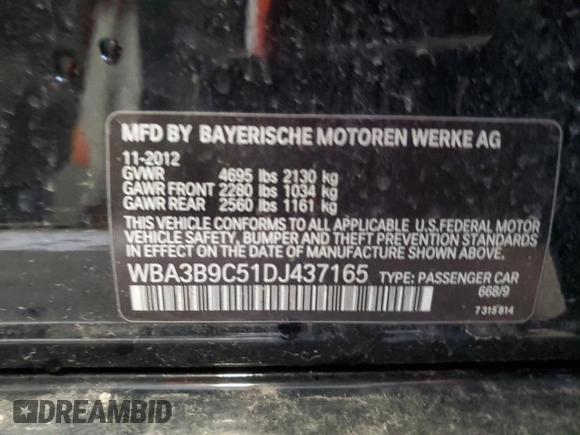2013 BMW 3 Series 335i xDrive with VIN WBA3B9C51DJ437165, listed as a Copart auction lot 49638215 with 151,822 mi miles and Clean Title. Bid and sale history available at carsss.com. Image 12.
