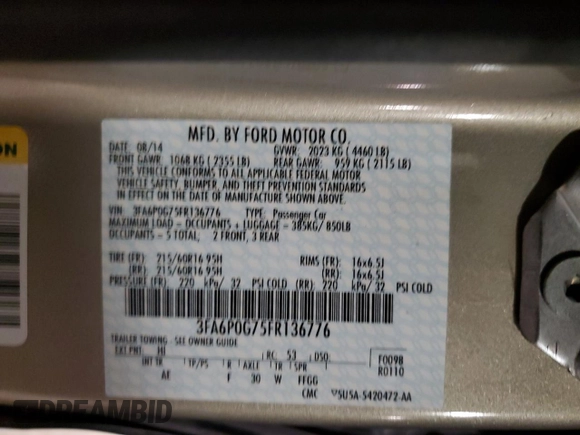 2015 Ford Fusion S with VIN 3FA6P0G75FR136776, listed as a Copart auction lot 50417065 with 233,363 mi miles and Salvage Title. Bid and sale history available at DreamBid. Image 13.