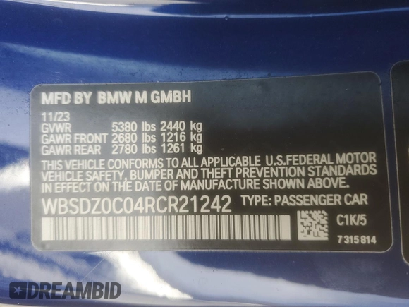 2024 BMW M8 Competition z VIN WBSDZ0C04RCR21242, wystawiony jako Copart lot #49249175 z przebiegiem 5 071 mil mil oraz Szkoda całkowita • Salvage title. Historia ofert i sprzedaży dostępna na DreamBid. Obrazek 14.