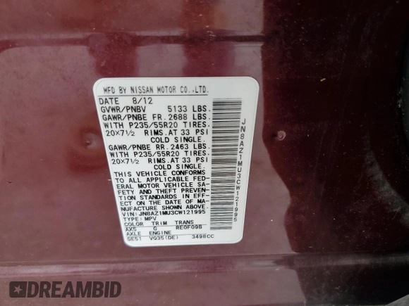 2012 Nissan Murano S z VIN JN8AZ1MU3CW121995, wystawiony jako Copart lot #60366785 z przebiegiem 120 557 mil mil oraz Szkoda całkowita • Salvage title. Historia ofert i sprzedaży dostępna na DreamBid. Obrazek 12.