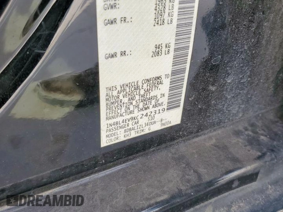 2019 Nissan Altima SL with VIN 1N4BL4EV9KC242319, listed as a Copart auction lot 49380455 with Not Provided miles and Salvage Title. Bid and sale history available at DreamBid. Image 12.