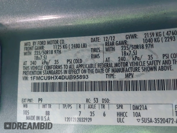 2013 Ford Escape SEL with VIN 1FMCU9HX4DUB95893, listed as a IAAI auction lot 42167435 with 142,016 mi miles. Bid and sale history available at carsss.com. Image 9.