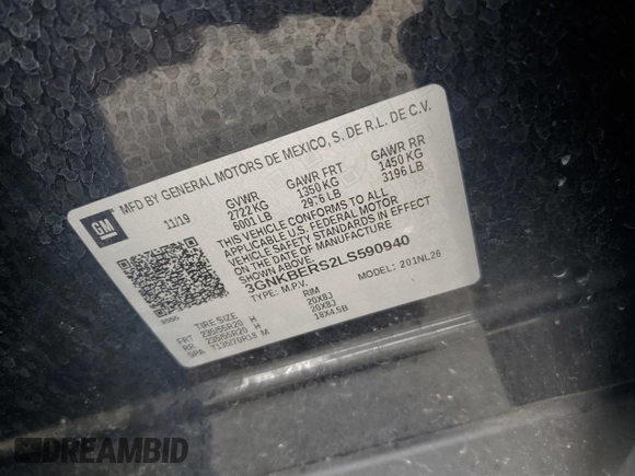 2020 Chevrolet Blazer RS with VIN 3GNKBERS2LS590940, listed as a Copart auction lot 59411645 with 85,108 mi miles and Salvage title. Bid and sale history available at DreamBid. Image 13.