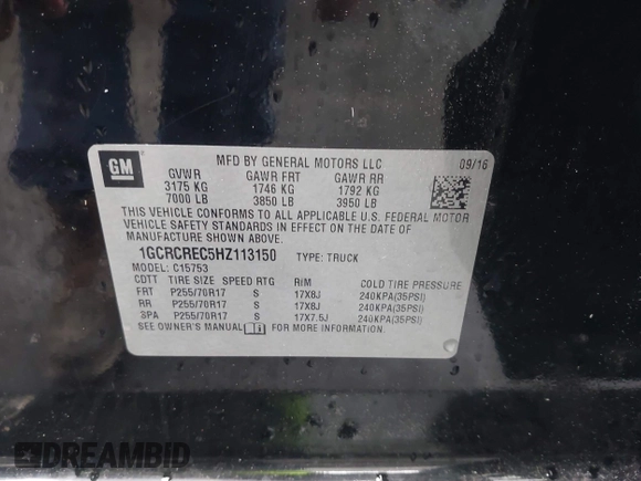 2017 Chevrolet Silverado 1500 LT with VIN 1GCRCREC5HZ113150, listed as a IAAI auction lot 41826582 with 50,565 mi miles and . Bid and sale history available at DreamBid. Image 9.