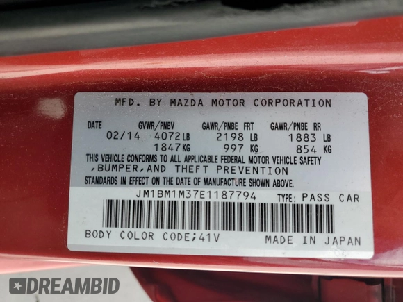 2014 Mazda 3 S Grand Touring z VIN JM1BM1M37E1187794, wystawiony jako Copart lot #57176965 z przebiegiem 183 166 mil mil oraz Szkoda całkowita • Salvage title. Historia ofert i sprzedaży dostępna na DreamBid. Obrazek 13.