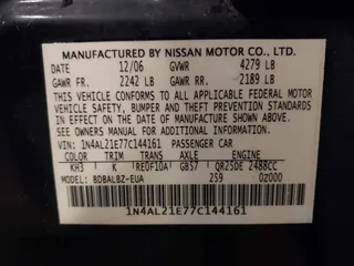 2007 Nissan Altima S with VIN 1N4AL21E77C144161, listed as a IAAI auction lot 42011479 with 175,942 mi miles and . Bid and sale history available at carsss.com. Image 9.