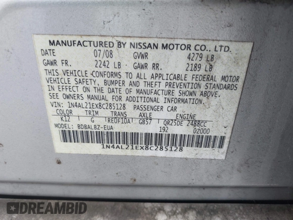 2008 Nissan Altima 2.5 S with VIN 1N4AL21EX8C285128, listed as a IAAI auction lot 41979247 with 168,818 mi miles. Bid and sale history available at carsss.com. Image 9.