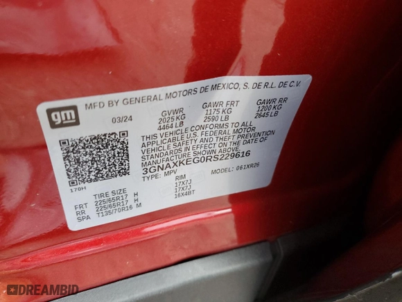 2024 Chevrolet Equinox LT with VIN 3GNAXKEG0RS229616, listed as a Copart auction lot 84400634 with 5,880 mi miles and Non Repairable. Bid and sale history available at carsss.com. Image 15.