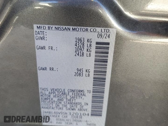 2025 Nissan Altima SV with VIN 1N4BL4DV9SN320104, listed as a Copart auction lot 52144015 with 9,673 mi miles and Clean Title. Bid and sale history available at carsss.com. Image 12.