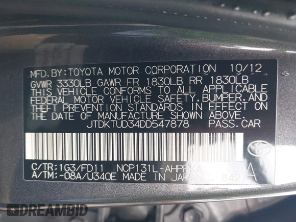 2013 Toyota Yaris L with VIN JTDKTUD34DD547878, listed as a IAAI auction lot 42108444 with 241,269 mi miles. Bid and sale history available at carsss.com. Image 9.