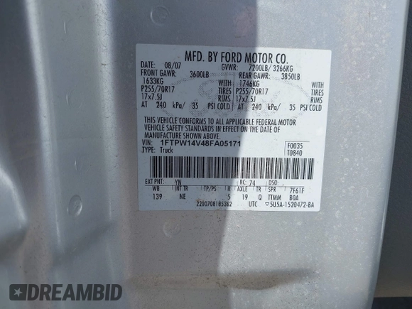 2008 Ford F-150 XLT with VIN 1FTPW14V48FA05171, listed as a IAAI auction lot 41179705 with Not provided miles and . Bid and sale history available at DreamBid. Image 9.
